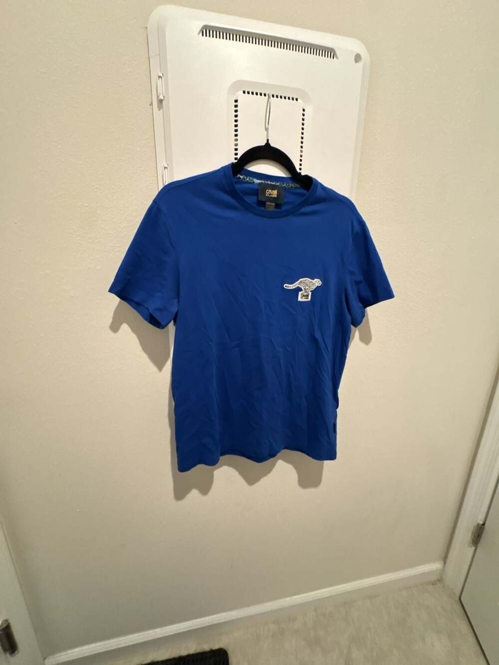 Cavalli Class Roberto Cavalli Blue Cheetah Logo Graphic T-Shirt Size L